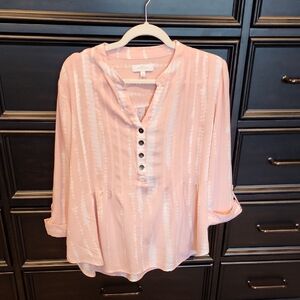 New Directions Coral V-neck Button Detail Women's Top - Size Large
